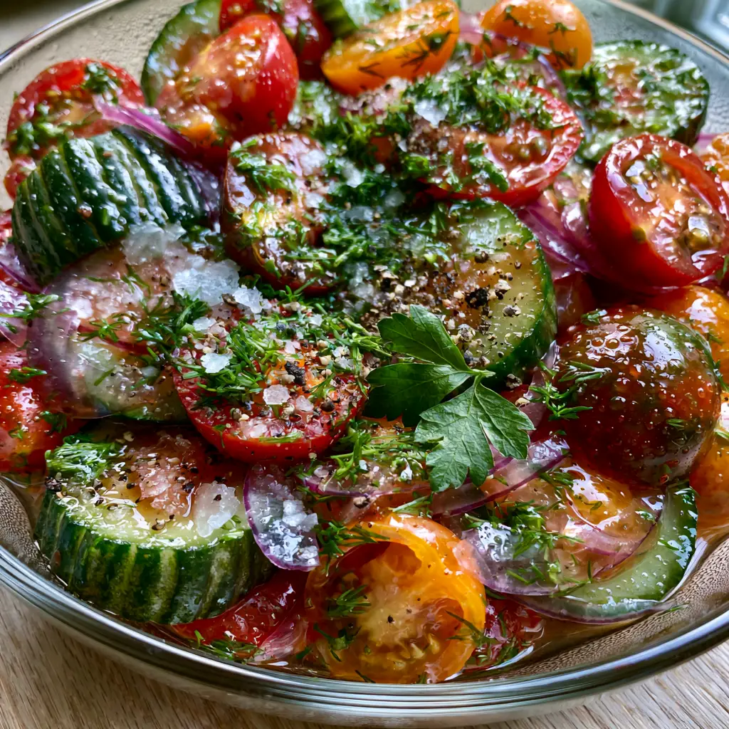 Extreme close-up of ridged Persian cucumber slices and halved heirloom tomatoes coated in a crystalline dressing. (Cucumber Onion Tomato Salad)
