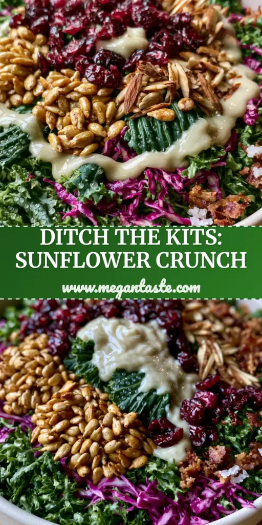 A vibrant sunflower crunch salad with kale, cabbage, and bacon in a white ceramic bowl.