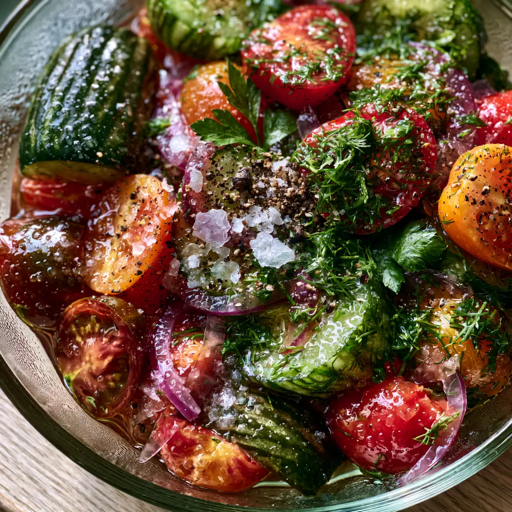 Vibrant salad featuring translucent purple red onion slivers and bright green dill in a chilled glass bowl.