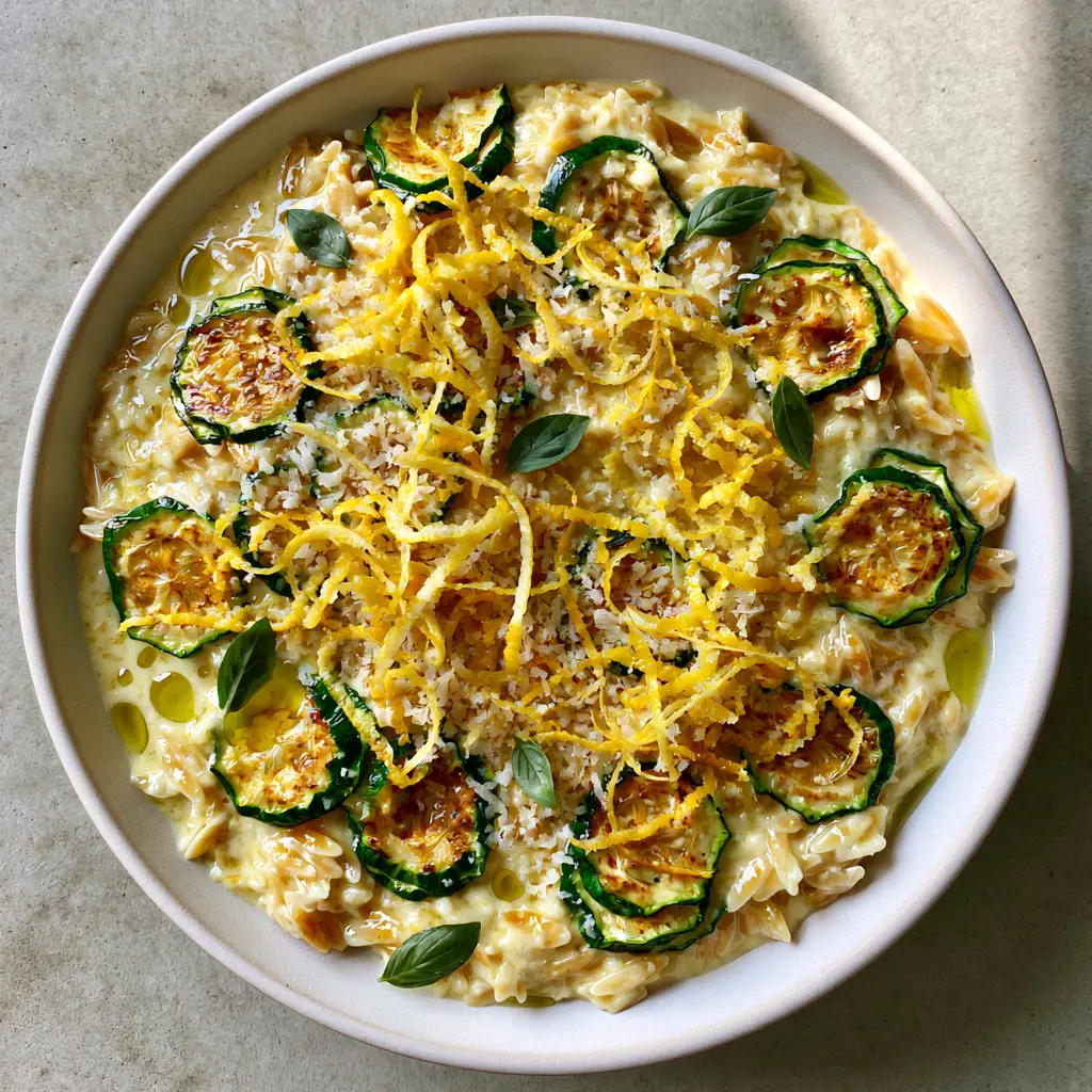 Top-down view of glossy lemon orzo with zucchini in a white ceramic pan with seared edges and fresh herbs.