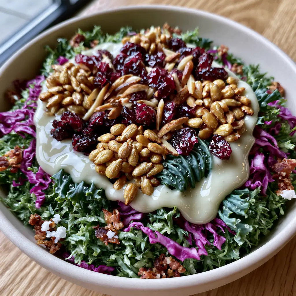 Macro shot of creamy sweet onion dressing drizzled over sunflower crunch salad ingredients.