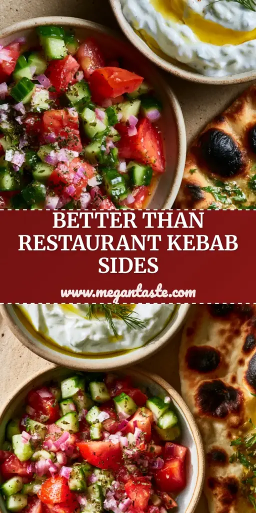 A vibrant Mediterranean spread featuring Shirazi salad, creamy tzatziki dip with dill, and charred garlic naan bread on a stone plate. (Kebab side dishes)