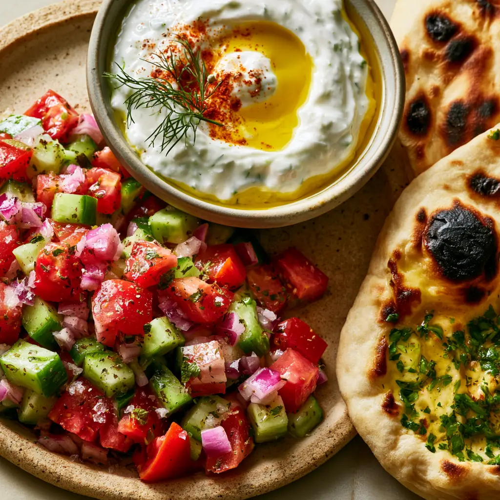 Top-down macro shot of diced Persian cucumbers and tomatoes in a Shirazi salad next to Greek yogurt dip. (Kebab side dishes)
