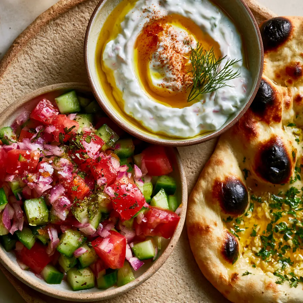 Close-up of charred naan bread brushed with garlic herb butter and parsley. (Kebab side dishes)
