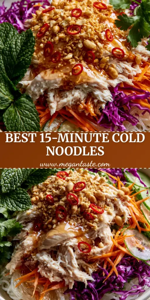 A vibrant top-down shot of Cold Rice Noodle Salad with Chicken featuring translucent vermicelli, shredded chicken, and colorful vegetables in a white bowl.