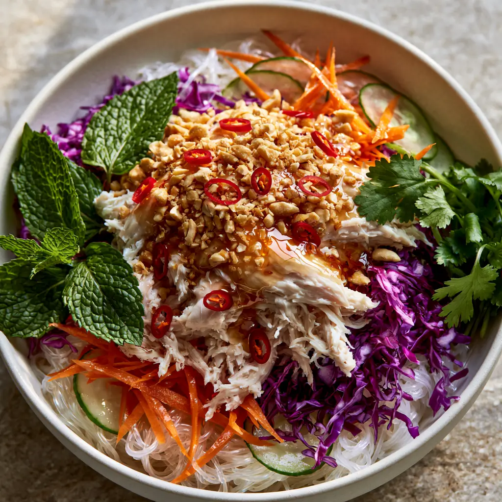 Close-up of Cold Rice Noodle Salad with Chicken showing glistening translucent noodles and moist shredded chicken topped with peanuts. (Cold Rice Noodle Salad with Chicken)