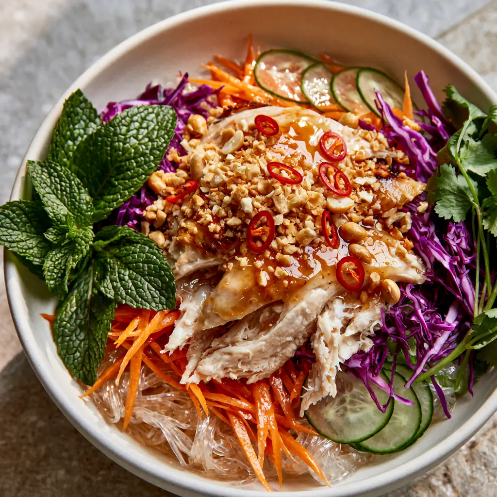 A top-down view of a Cold Rice Noodle Salad with Chicken bowl with julienned carrots, purple cabbage, and fresh herbs.