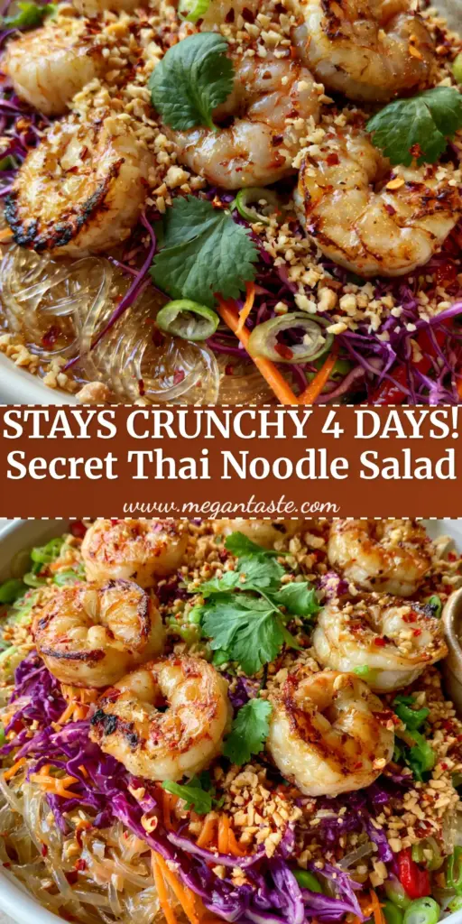 A close-up of Thai Shrimp Noodle Salad with charred jumbo shrimp and vibrant vegetables in a white bowl.