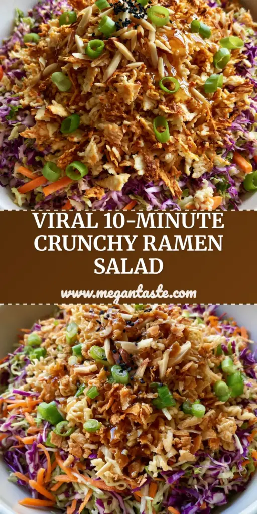 A vibrant ramen noodle salad in a white bowl with toasted noodles and colorful cabbage. (ramen noodle salad)