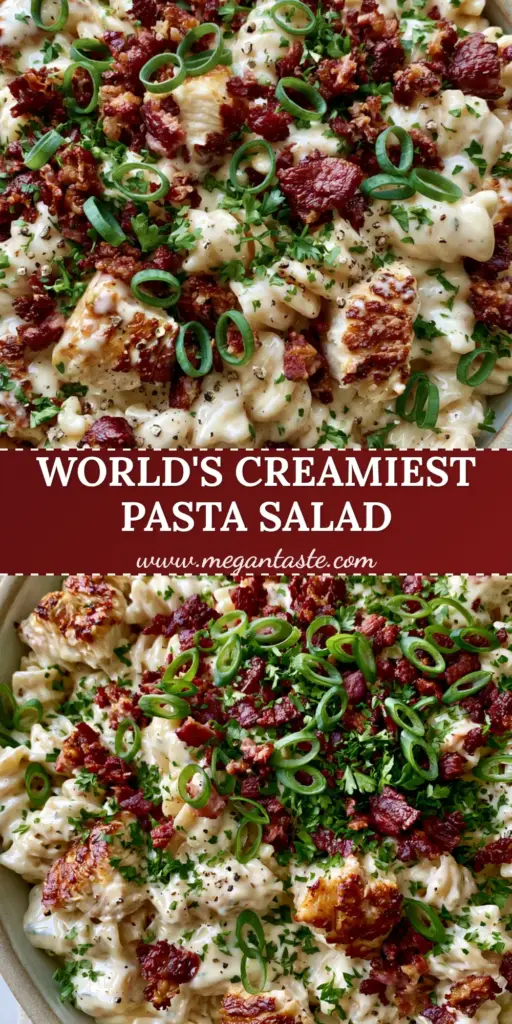 A large ceramic bowl of ultra-creamy Chicken bacon ranch pasta salad with golden chicken, crispy bacon, and fresh chives.