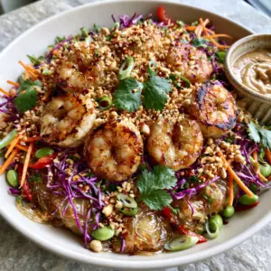 Macro photo of glistening glass noodles and seared shrimp in a Thai Shrimp Noodle Salad.