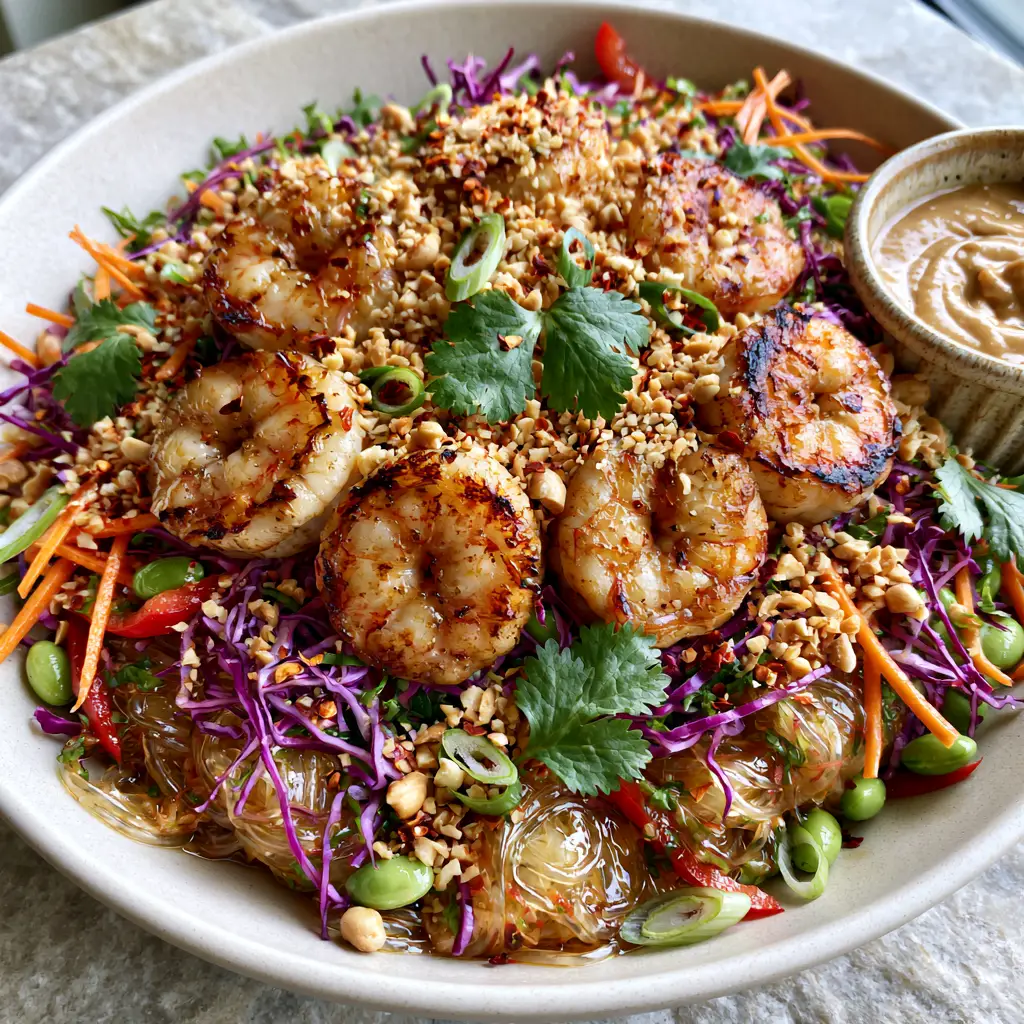 Macro photo of glistening glass noodles and seared shrimp in a Thai Shrimp Noodle Salad.