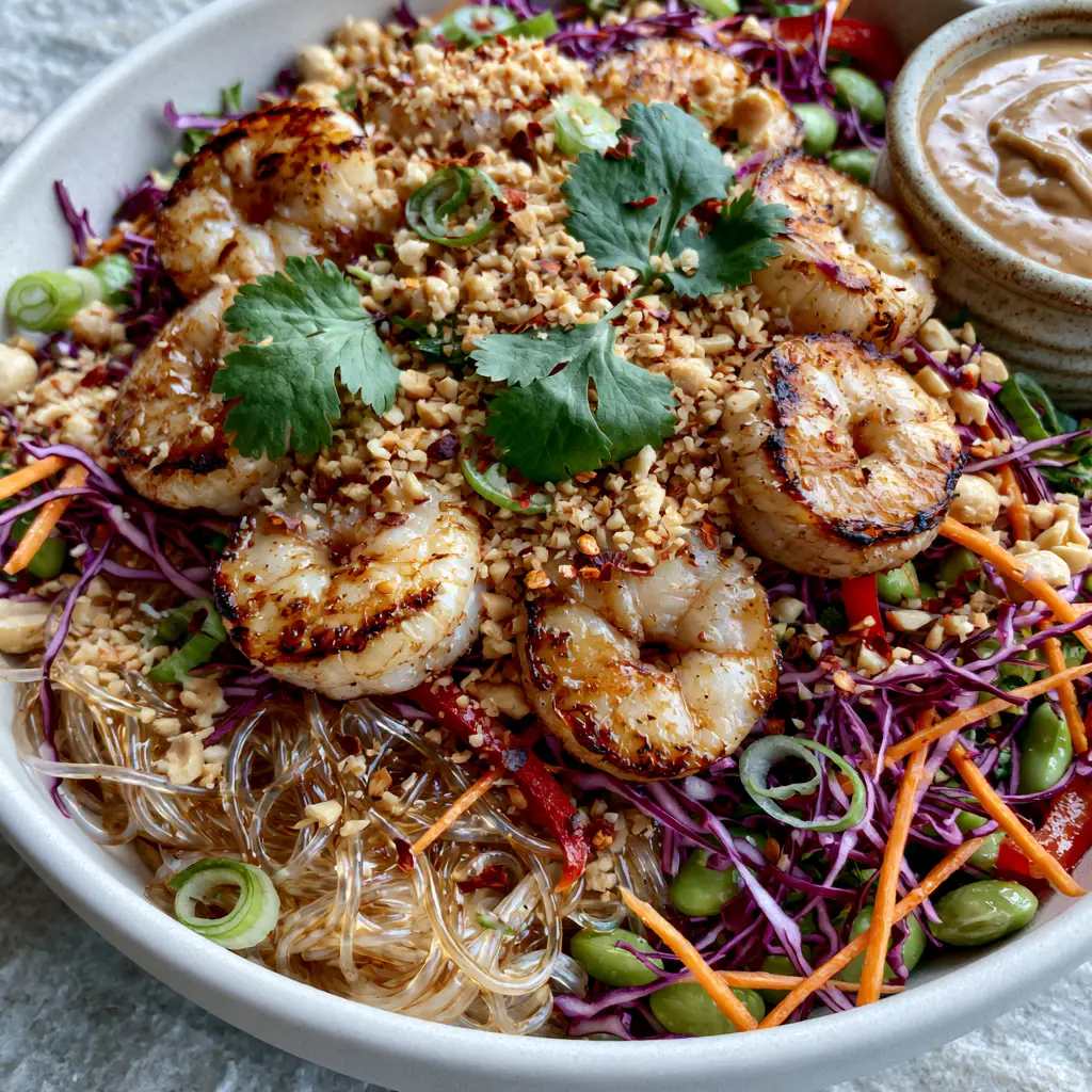 A top-down view of Thai Shrimp Noodle Salad showcasing red bell peppers, edamame, and crushed peanuts.