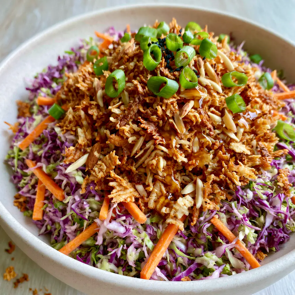 Top-down view of crunchy ramen noodle salad featuring jagged toasted noodles and shredded purple cabbage. (ramen noodle salad)