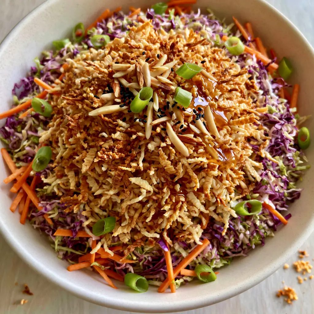 Extreme close-up of glossy honey-colored dressing drizzled over a crunchy ramen noodle salad.