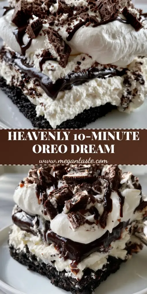 A thick square slice of no bake oreo dessert with visible layers of black cookie crust, white cream cheese, and chocolate pudding. (no bake oreo dessert)