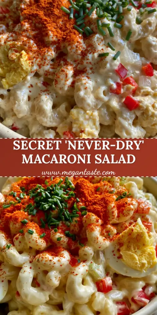 A rustic cream bowl filled with Amish macaroni salad garnished with smoked paprika and chives on a wooden table.