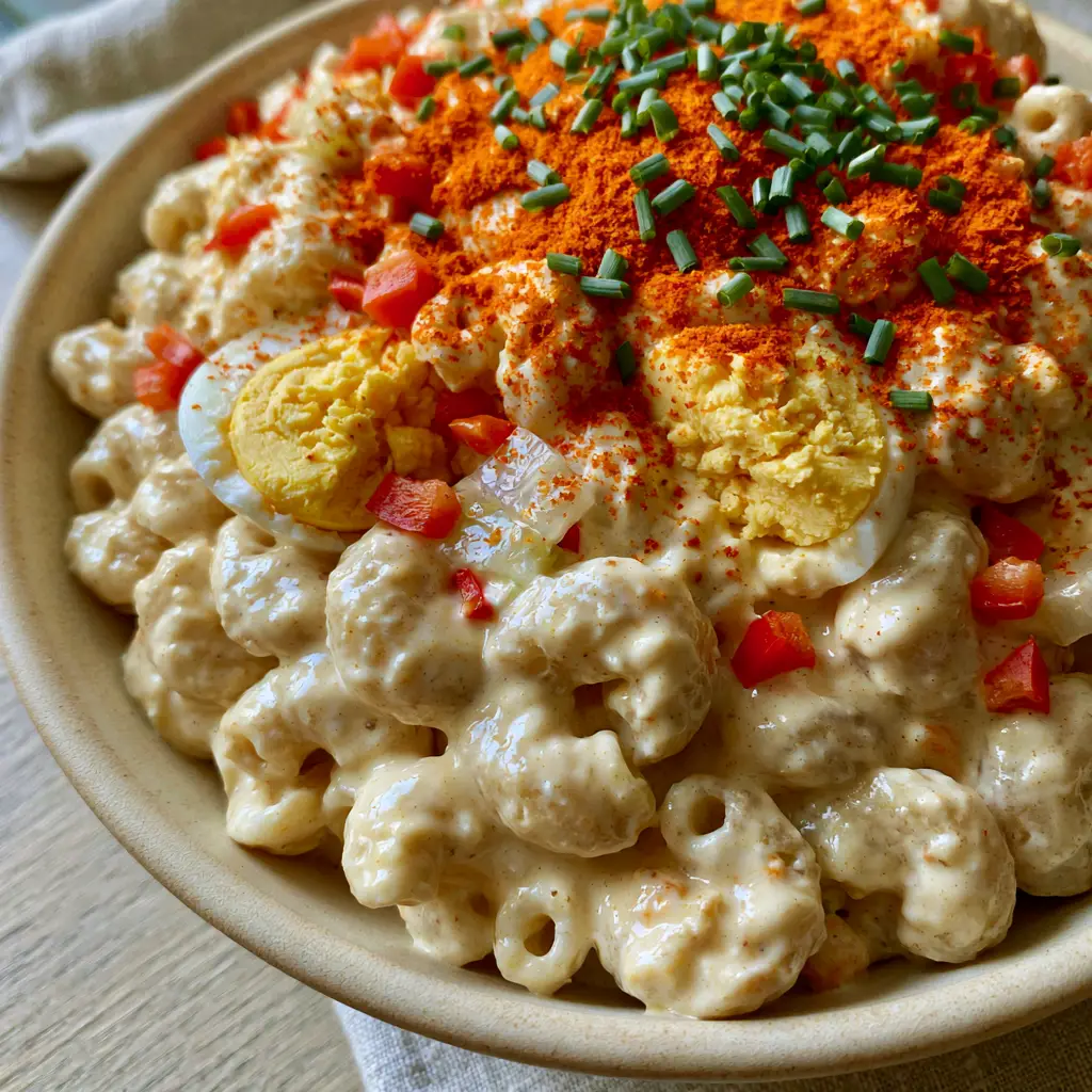 Close-up of glossy ivory-colored dressing on elbow macaroni with red peppers and egg chunks. (Amish macaroni salad)