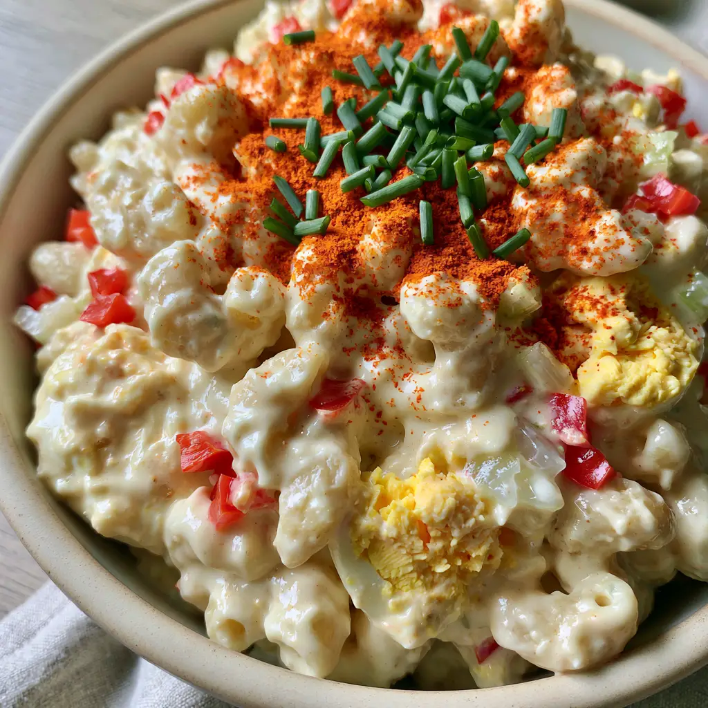 High-angle view of Amish macaroni salad in a ceramic bowl showing vibrant red peppers and smoked paprika garnish.