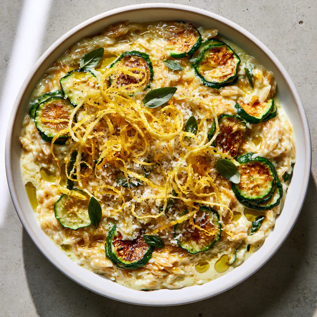 Detailed shot of the velvety lemon cream sauce coating the plump orzo pasta and seared zucchini.