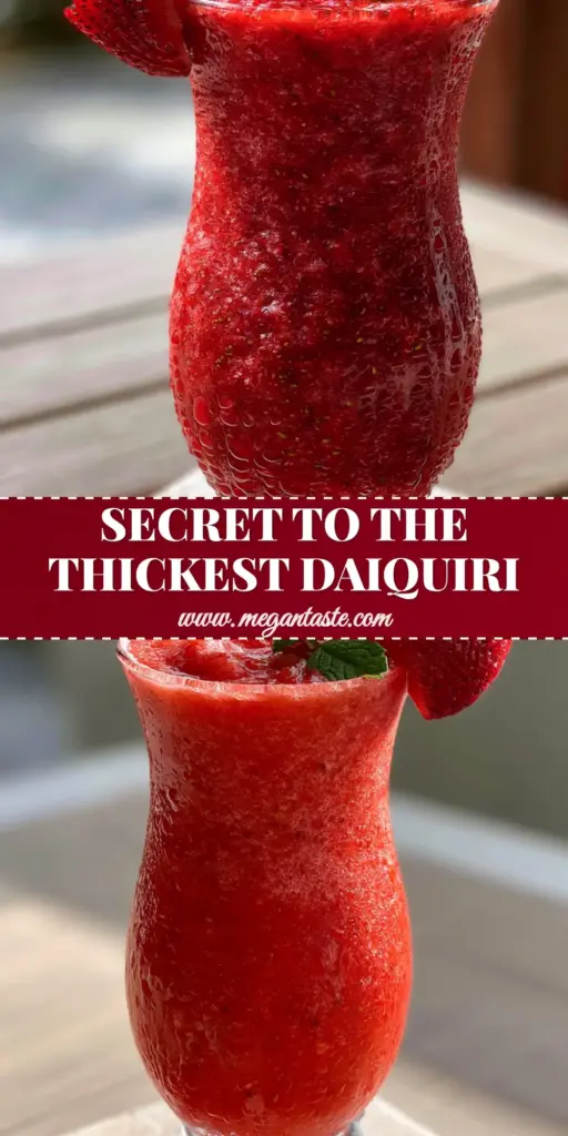 A tall hurricane glass with a thick frozen strawberry daiquiri, garnished with a strawberry fan, lime wheel, and mint sprig on a stone coaster.
