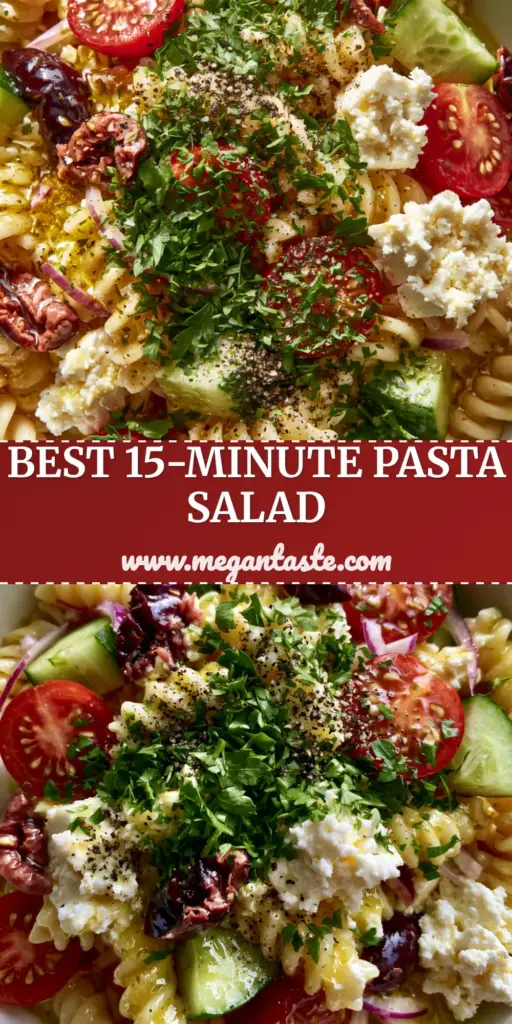 An extreme close up top-down shot of a vibrant mediterranean pasta salad with glistening rotini, feta cubes, and Kalamata olives in a white bowl.