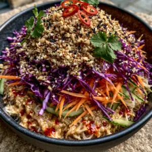 A vibrant spicy Asian noodle salad with thick ginger-peanut sauce, purple cabbage, and orange carrots on a stone background.