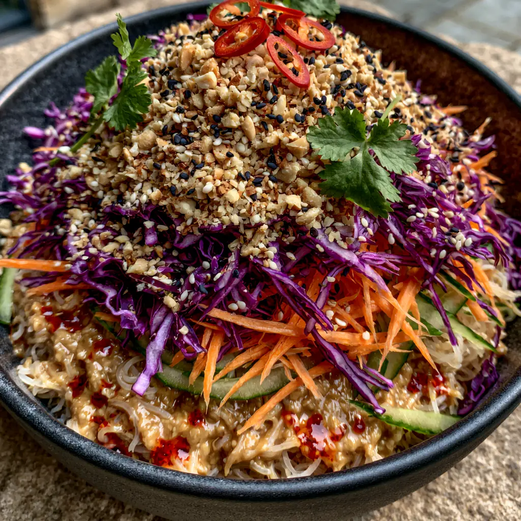 A vibrant spicy Asian noodle salad with thick ginger-peanut sauce, purple cabbage, and orange carrots on a stone background.