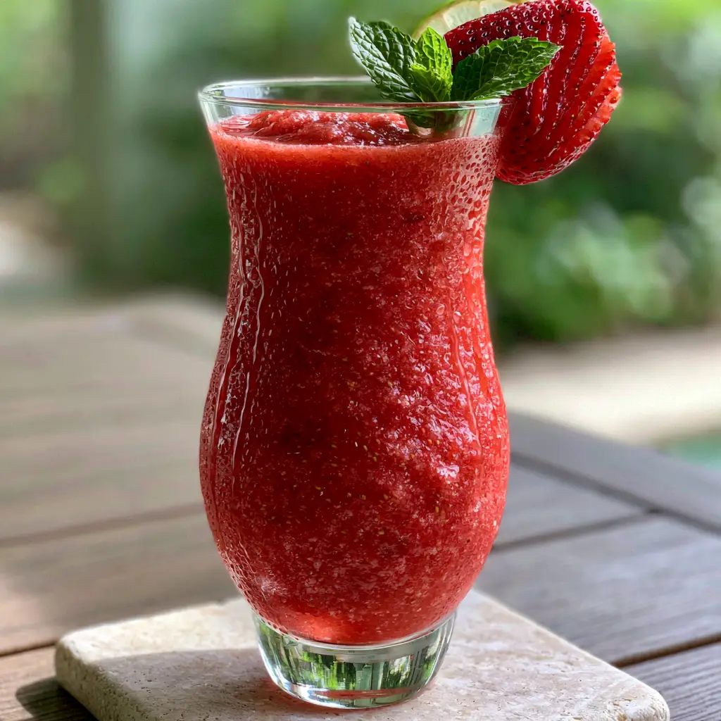 Detailed shot of frozen micro-crystals and strawberry seeds in a thick strawberry daiquiri slush.