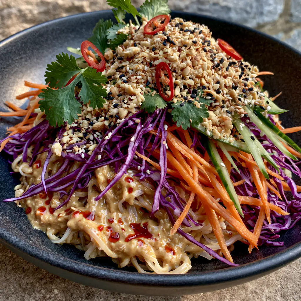 Close up of red chili oil droplets and crushed peanuts on a spicy Asian noodle salad.