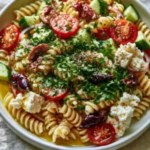 Close-up of al dente rotini pasta glistening with translucent golden-yellow lemon herb vinaigrette and topped with halved cherry tomatoes. (mediterranean pasta salad)