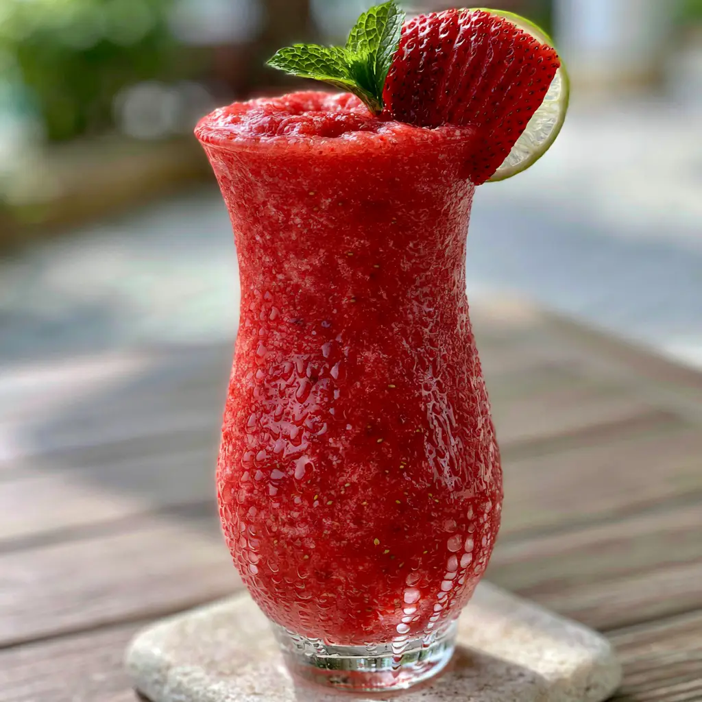 A strawberry daiquiri on a wooden table in natural afternoon sunlight with condensation droplets on the glass.