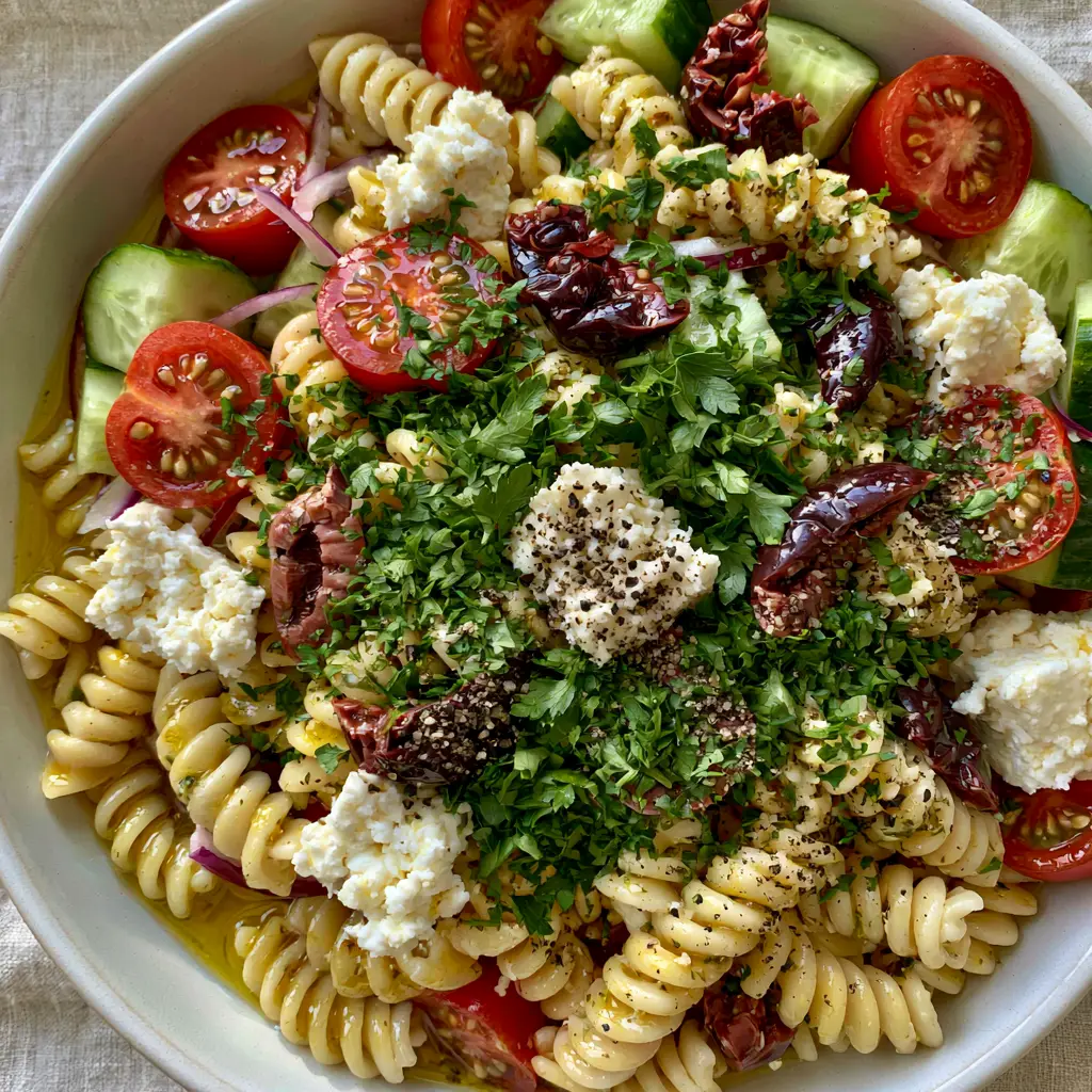 Top-down view of a Mediterranean pasta salad featuring chunky feta cubes, dark purple Kalamata olives, and fresh parsley in a white ceramic bowl.