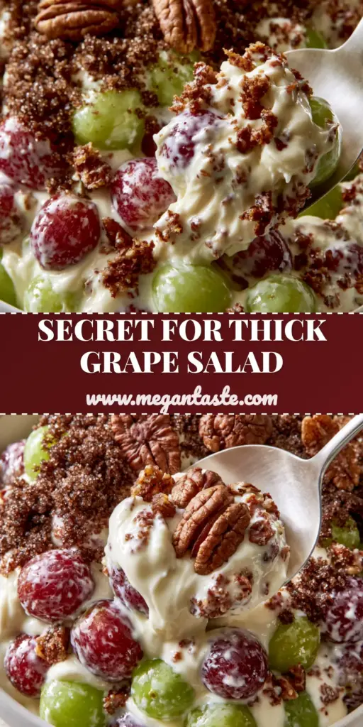 A close-up shot of creamy grape salad in a white bowl topped with brown sugar and toasted pecans.