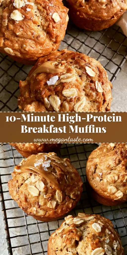 A tall stack of golden-brown bakery-style breakfast muffins with rolled oats and almond butter drizzle on a rustic rack.