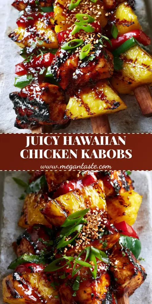 Hawaiian Teriyaki Chicken Kabobs with Charred Pineapple 3 An overhead vertical shot of Hawaiian teriyaki chicken kabobs with mahogany glaze, charred pineapple, and blistered peppers on a stone platter.