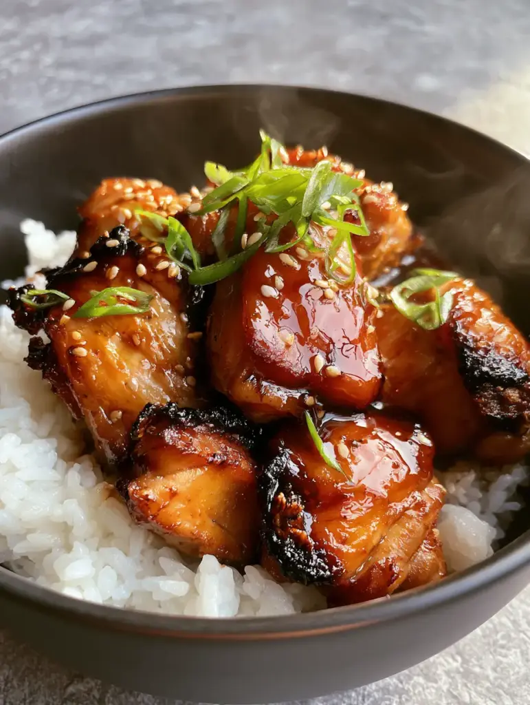 Teriyaki Chicken with Thick Amber Glaze and Fluffy Jasmine Rice 2 Close-up of seared chicken thigh chunks in a thick dark mahogany teriyaki glaze showing crispy charred edges.