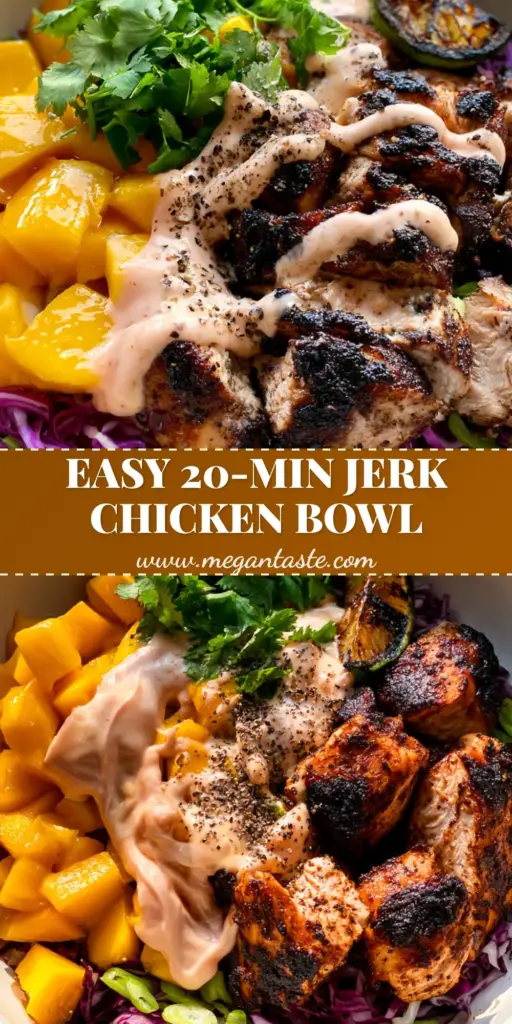 Jerk Chicken & Mango Slaw Bowls with Creamy Honey-Lime Drizzle 3 A high-angle close-up of a Jerk Chicken & Mango Slaw Bowl featuring seared chicken chunks with a dark crust, purple cabbage, and glossy mango cubes on a grey stone surface.