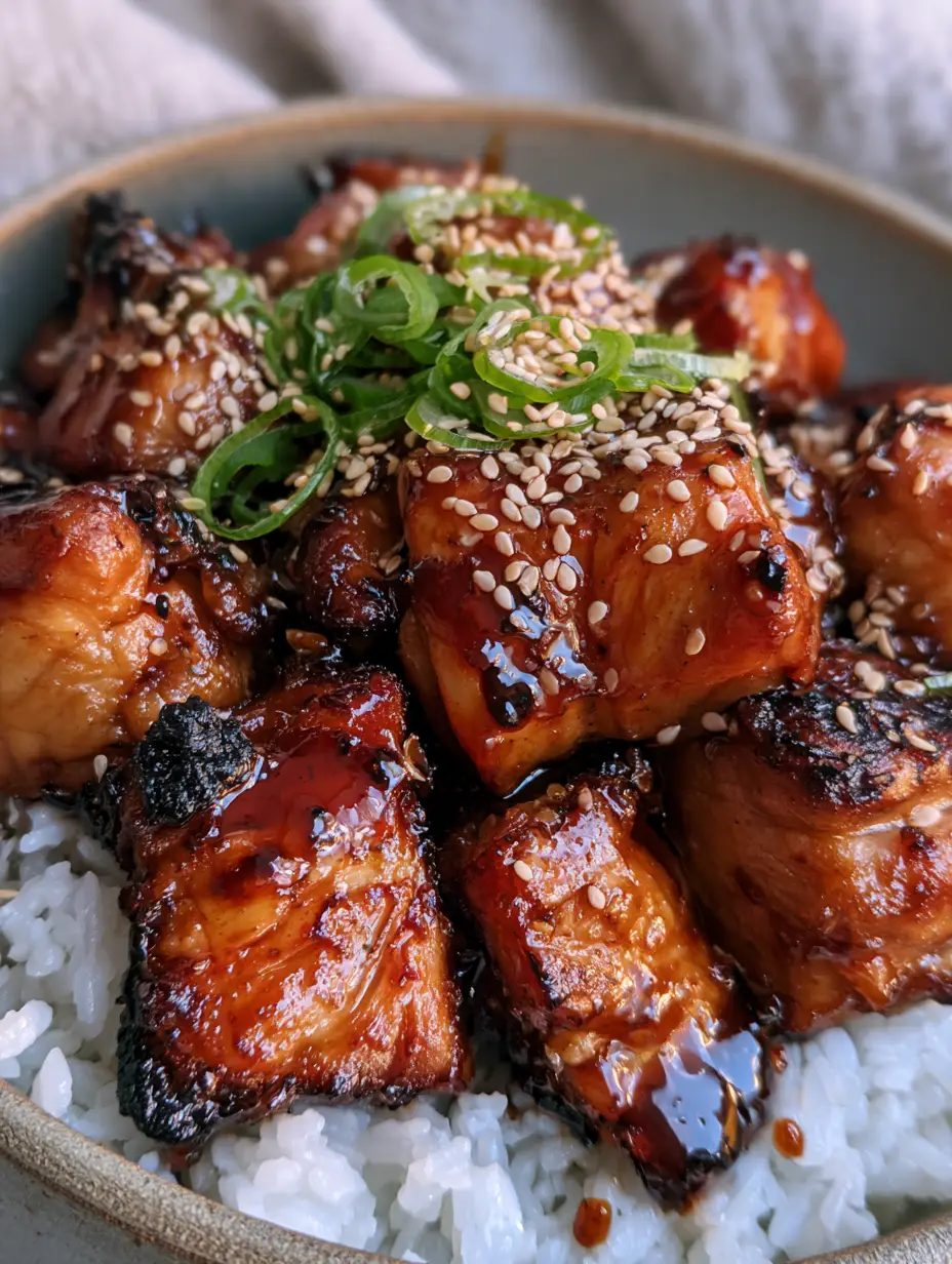 Gluten Free Teriyaki Chicken: The Ultimate Sticky & Glossy Guide 3 Macro close-up of Gluten Free Teriyaki Chicken showing the thick syrupy amber glaze and caramelized crispy edges.