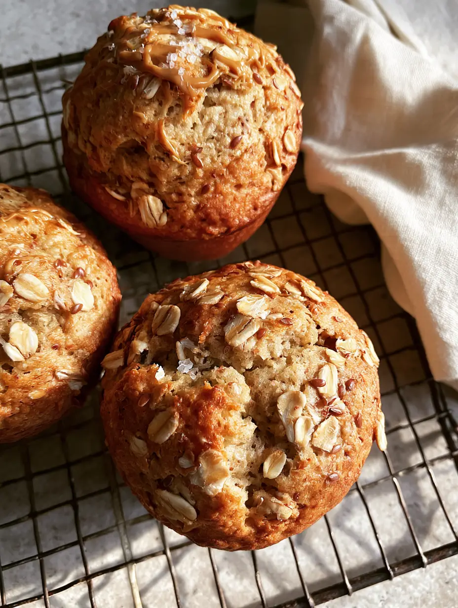 Top-down view of three breakfast muffins showing golden domed tops, visible oats, and sea salt flakes.