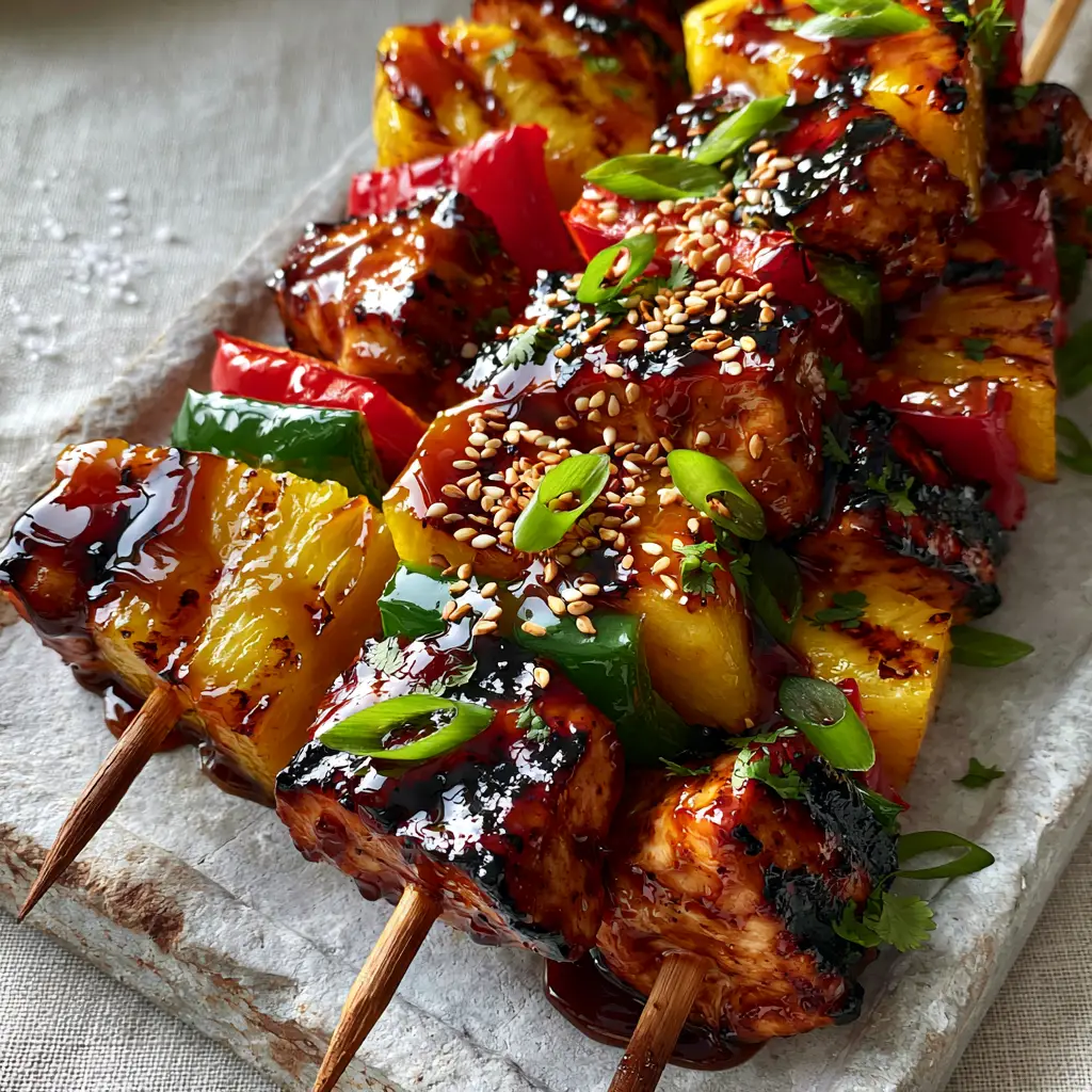 Hawaiian Teriyaki Chicken Kabobs with Charred Pineapple 2 Succulent grilled chicken chunks and thick yellow pineapple wedges on skewers with visible grill marks. (Hawaiian teriyaki chicken kabobs)