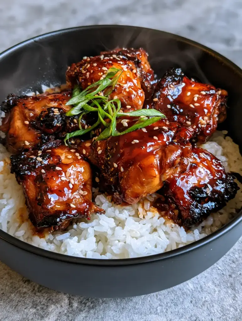 Teriyaki Chicken with Thick Amber Glaze and Fluffy Jasmine Rice 1 Extreme close-up of glossy teriyaki sauce reflecting light on chicken thighs with sesame seeds and scallions.