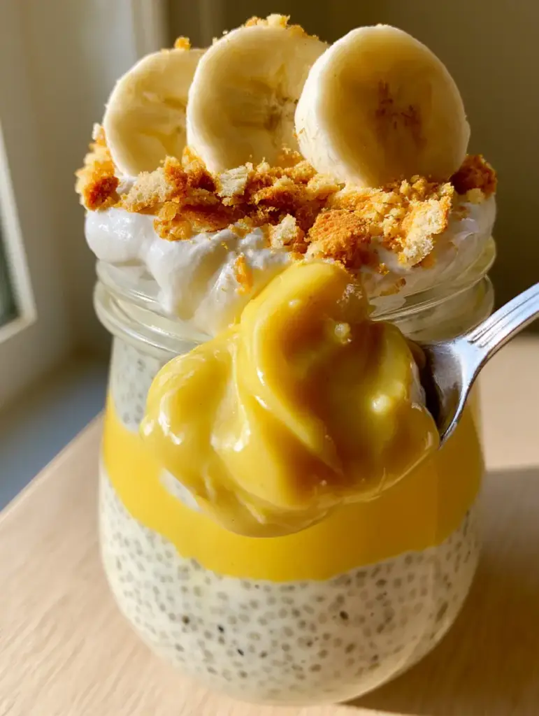 Banana Cream Pie Chia Pudding: The Ultimate Creamy, Layered Breakfast 1 Vertical shot of Banana Cream Pie Chia Pudding layers showing the bright yellow banana custard swirl.