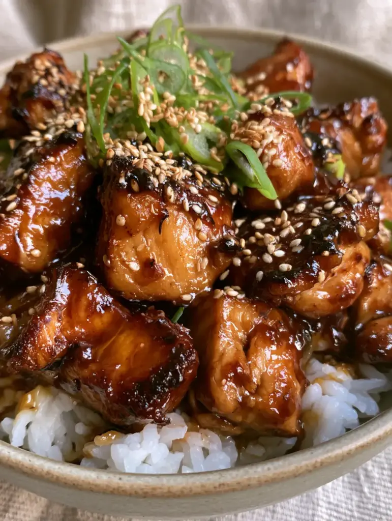 Gluten Free Teriyaki Chicken: The Ultimate Sticky & Glossy Guide 1 Detailed shot of Gluten Free Teriyaki Chicken pieces topped with paper-thin scallion rings and white sesame seeds in a matte bowl.