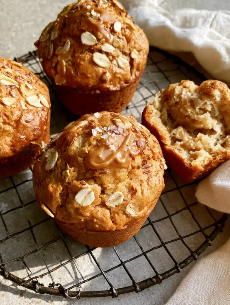 Close-up of a breakfast muffin broken open to reveal a steaming, moist crumb and almond butter drizzle.
