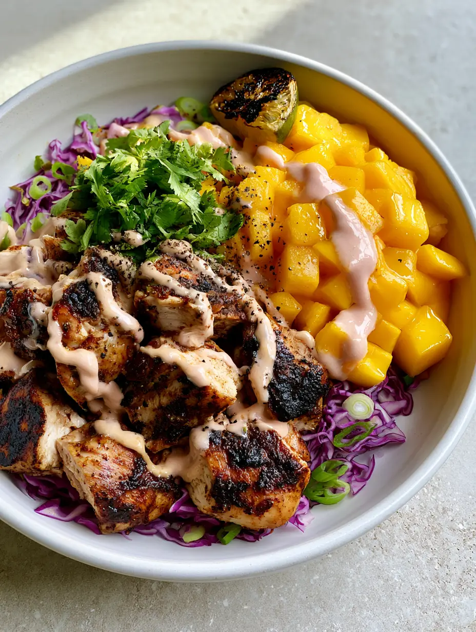 Jerk Chicken & Mango Slaw Bowls with Creamy Honey-Lime Drizzle 4 Close-up of seared jerk chicken chunks and bright golden mango cubes in a white bowl. (Jerk Chicken & Mango Slaw Bowls)