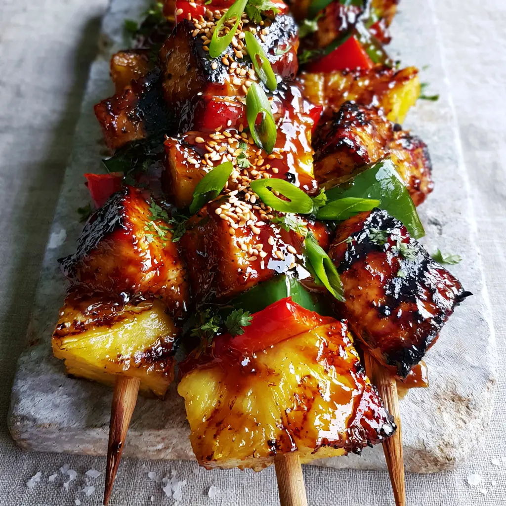 Hawaiian Teriyaki Chicken Kabobs with Charred Pineapple 1 Three thick wooden skewers piled high on a rustic grey platter, drenched in glossy teriyaki glaze and topped with sesame seeds.