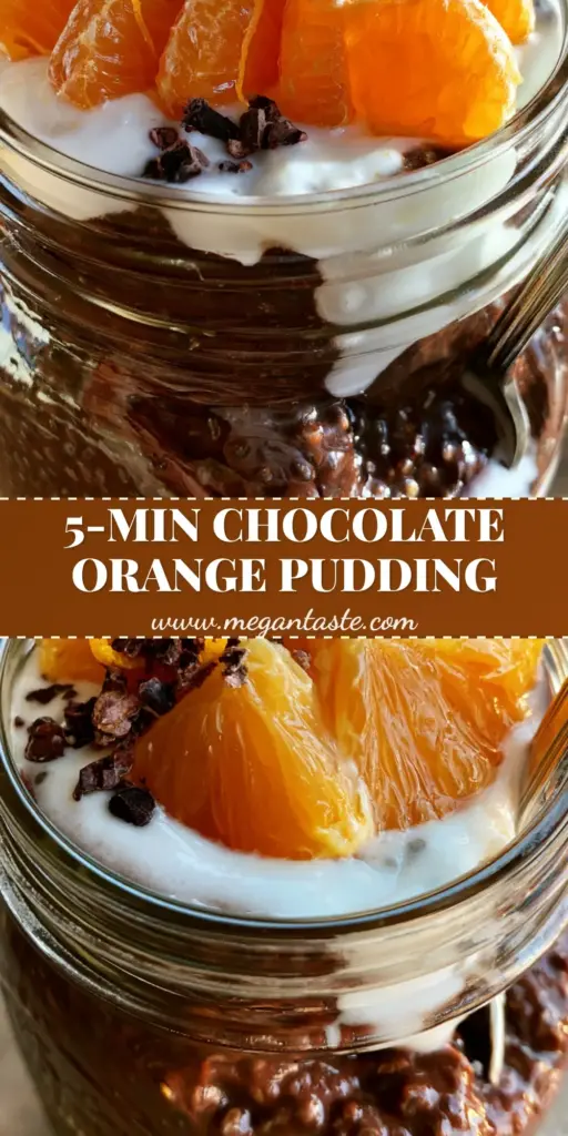 Chocolate Orange Chia Pudding: Easy 5-Minute Meal Prep Dessert 3 A close-up shot of Chocolate Orange Chia Pudding in a mason jar with a coconut milk swirl and orange segments.