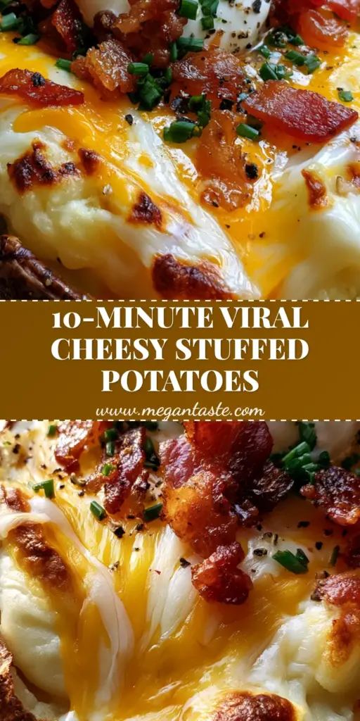 Cheesy Stuffed Potatoes with Crispy Bacon and Garlic Butter 4 A vertical extreme close-up of cheesy stuffed potatoes featuring a bubbling cheddar and mozzarella crust, crispy bacon, and a dollop of sour cream.