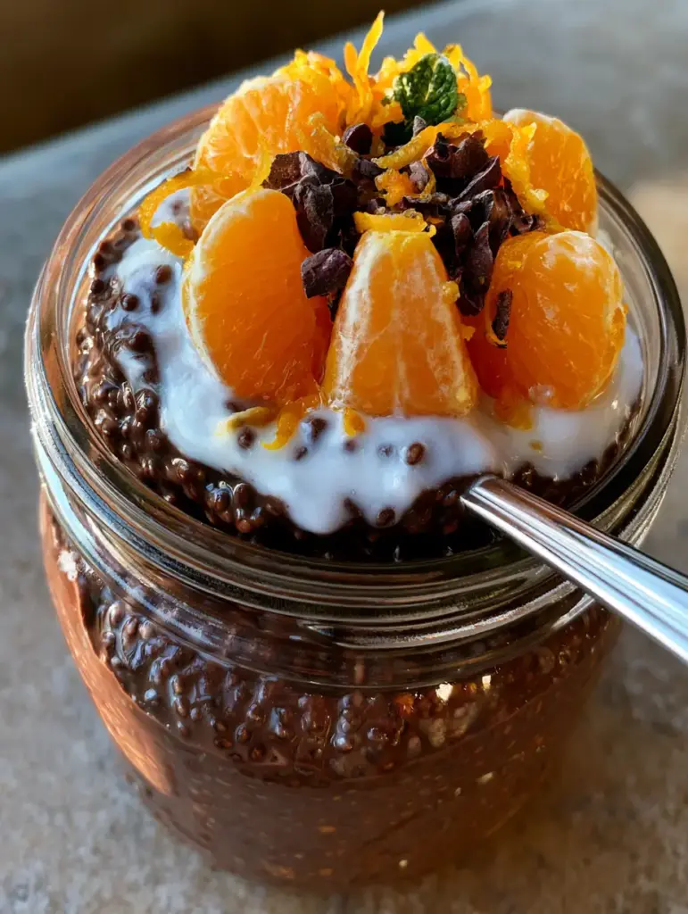 Chocolate Orange Chia Pudding: Easy 5-Minute Meal Prep Dessert 2 Handheld photo of Chocolate Orange Chia Pudding showing the thick, glossy texture and fresh orange toppings.